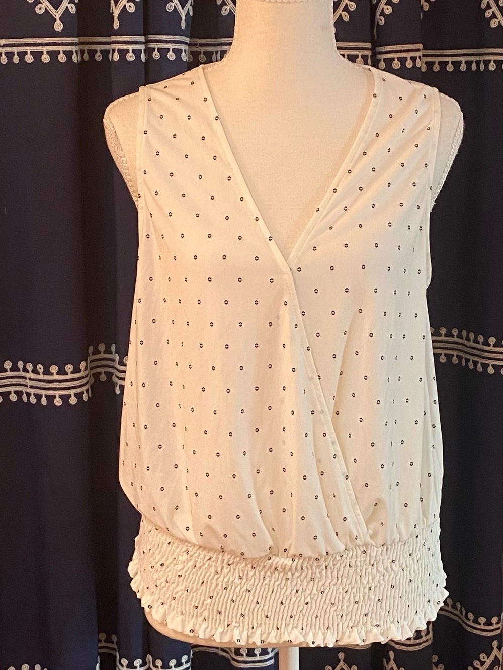 Cream Polka Dot Surplice Smocked Hem Tank Top